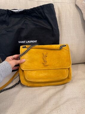 Saint Laurent Mustard Suede Shoulder Bag with Chain Strap